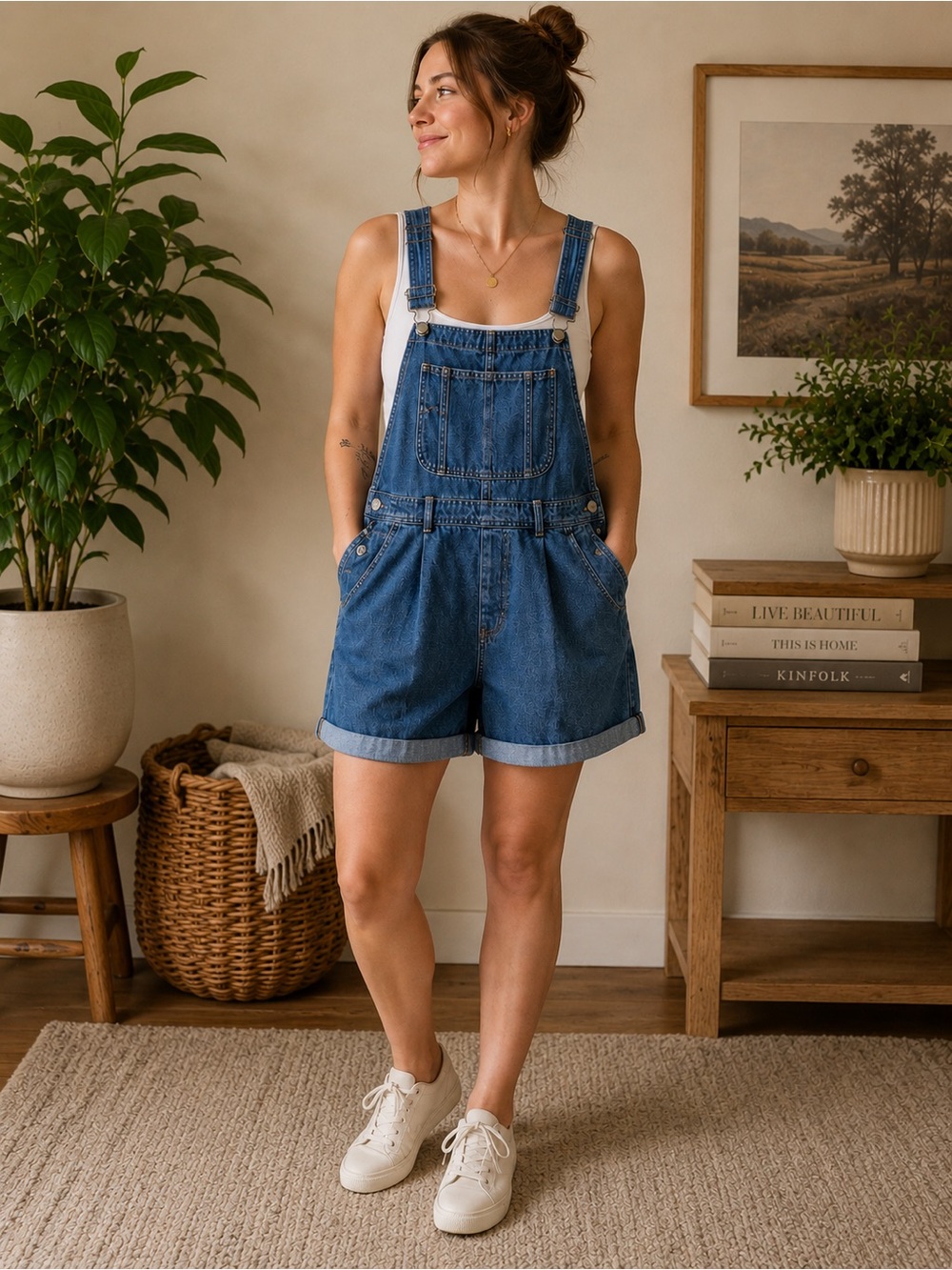 &Denim Blue Denim Short Overalls Romper Women’s Large EU 46 Cuffed Bib Shorts
